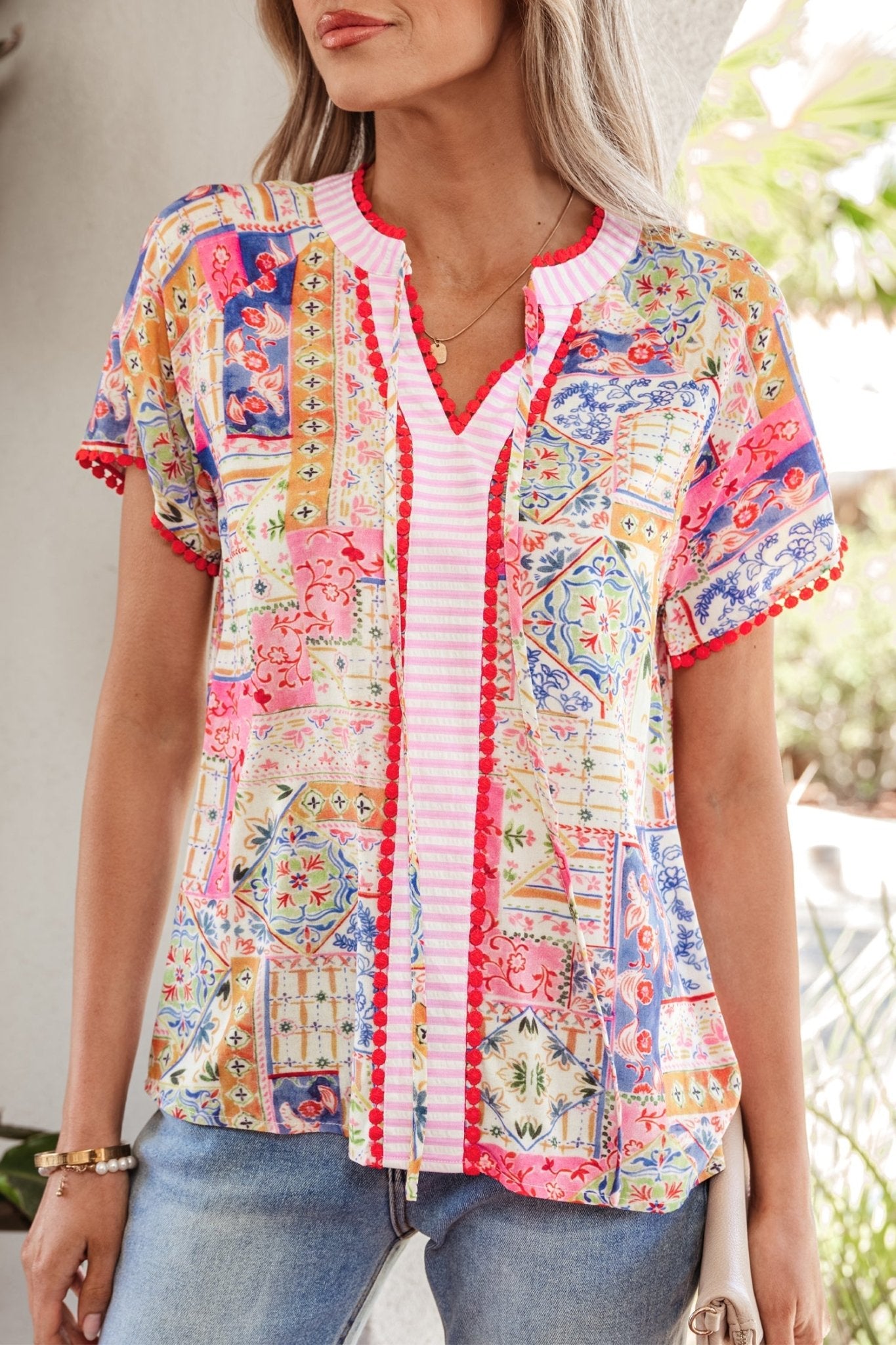 Boho Patchwork Tied V-Neck Short Sleeve Blouse - Rooted & Reckless Co.