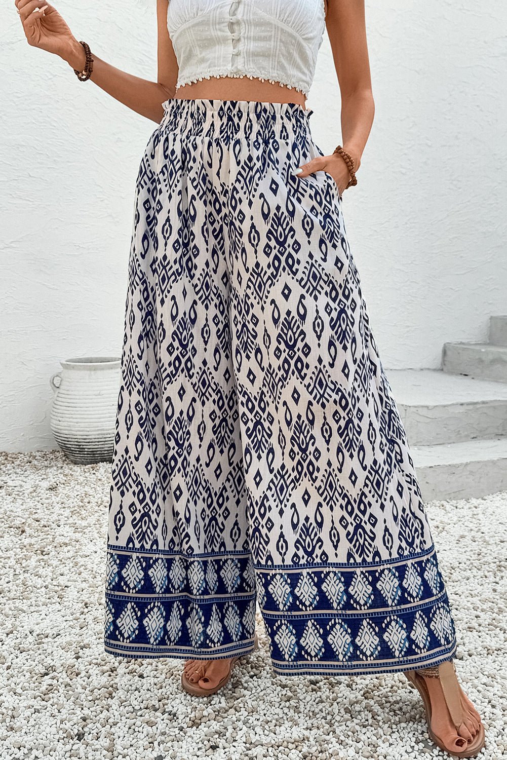 Boho Smocked High Waist Wide Leg Pants - Rooted & Reckless Co.