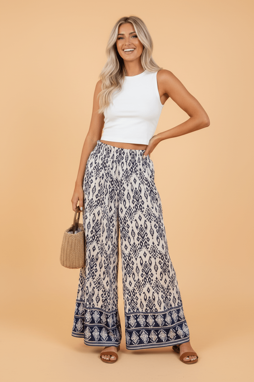 Boho Smocked High Waist Wide Leg Pants - Rooted & Reckless Co.