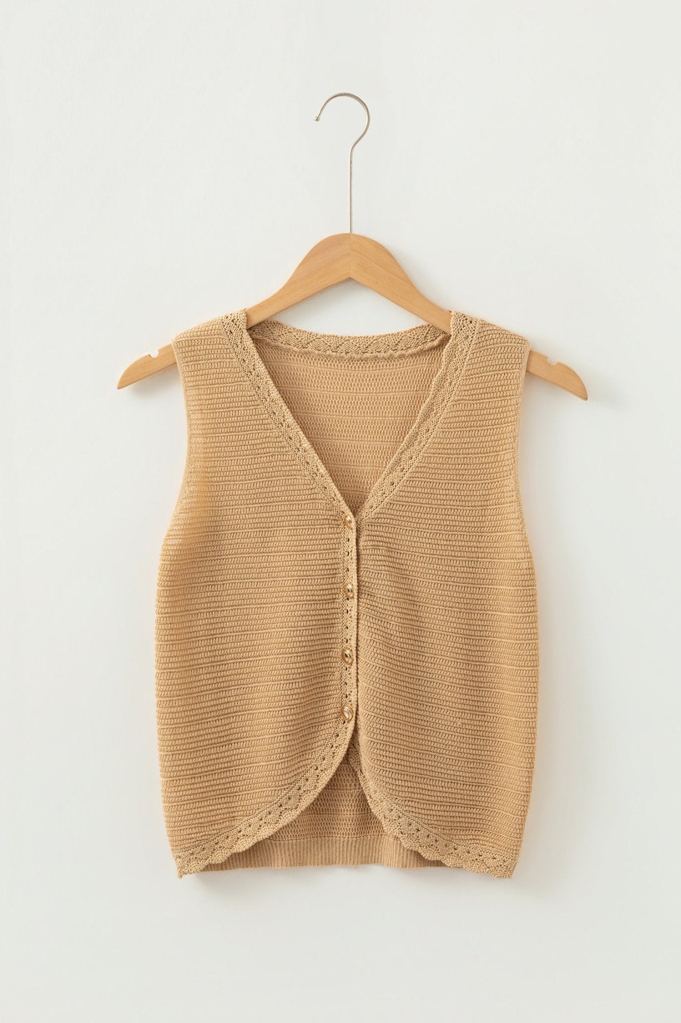 Boho Solid Eyelet Trim Buttoned Sweater Vest - Rooted & Reckless Co.