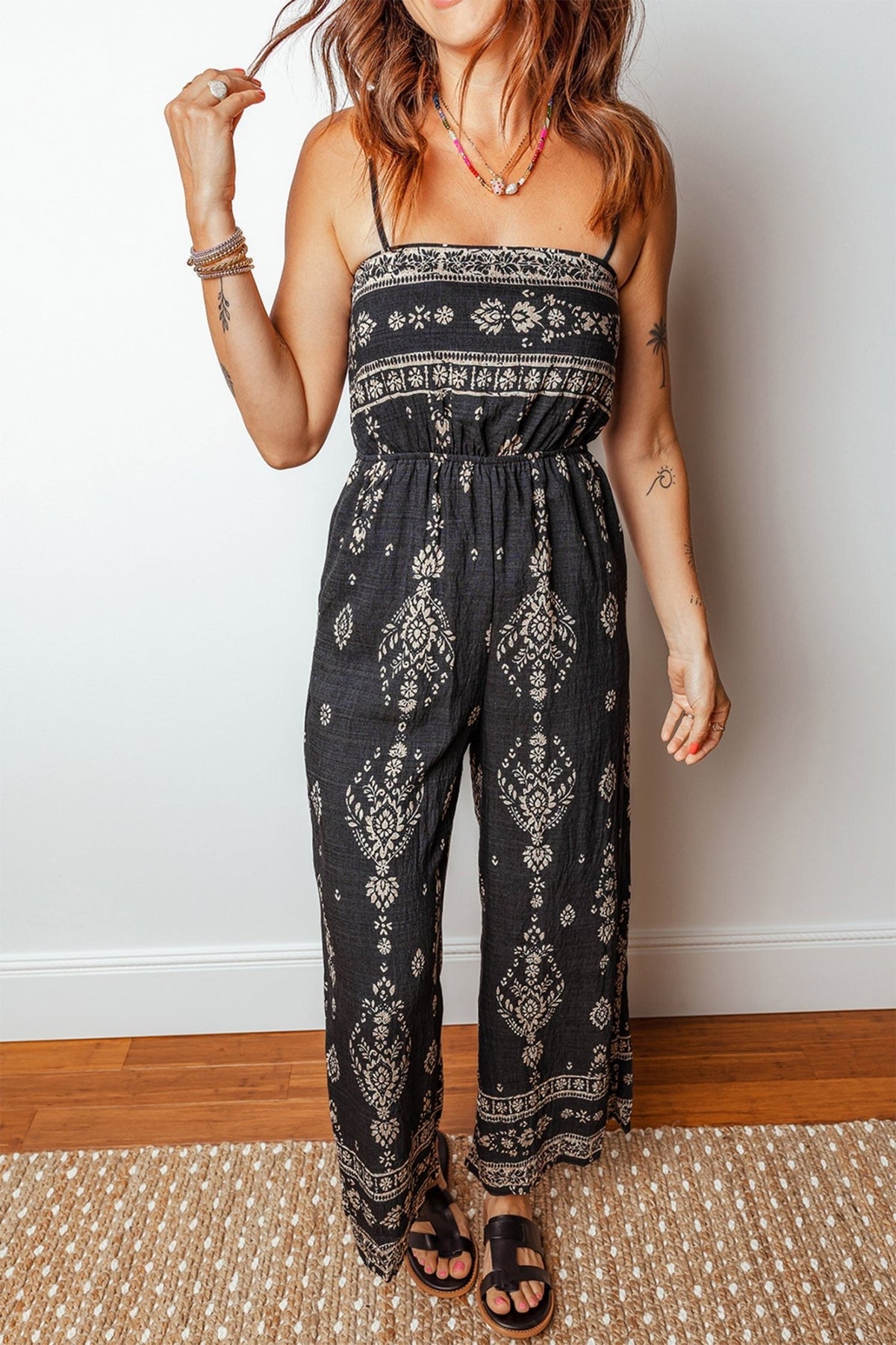 Boho Spaghetti Straps Elastic Waist Jumpsuit - Rooted & Reckless Co.