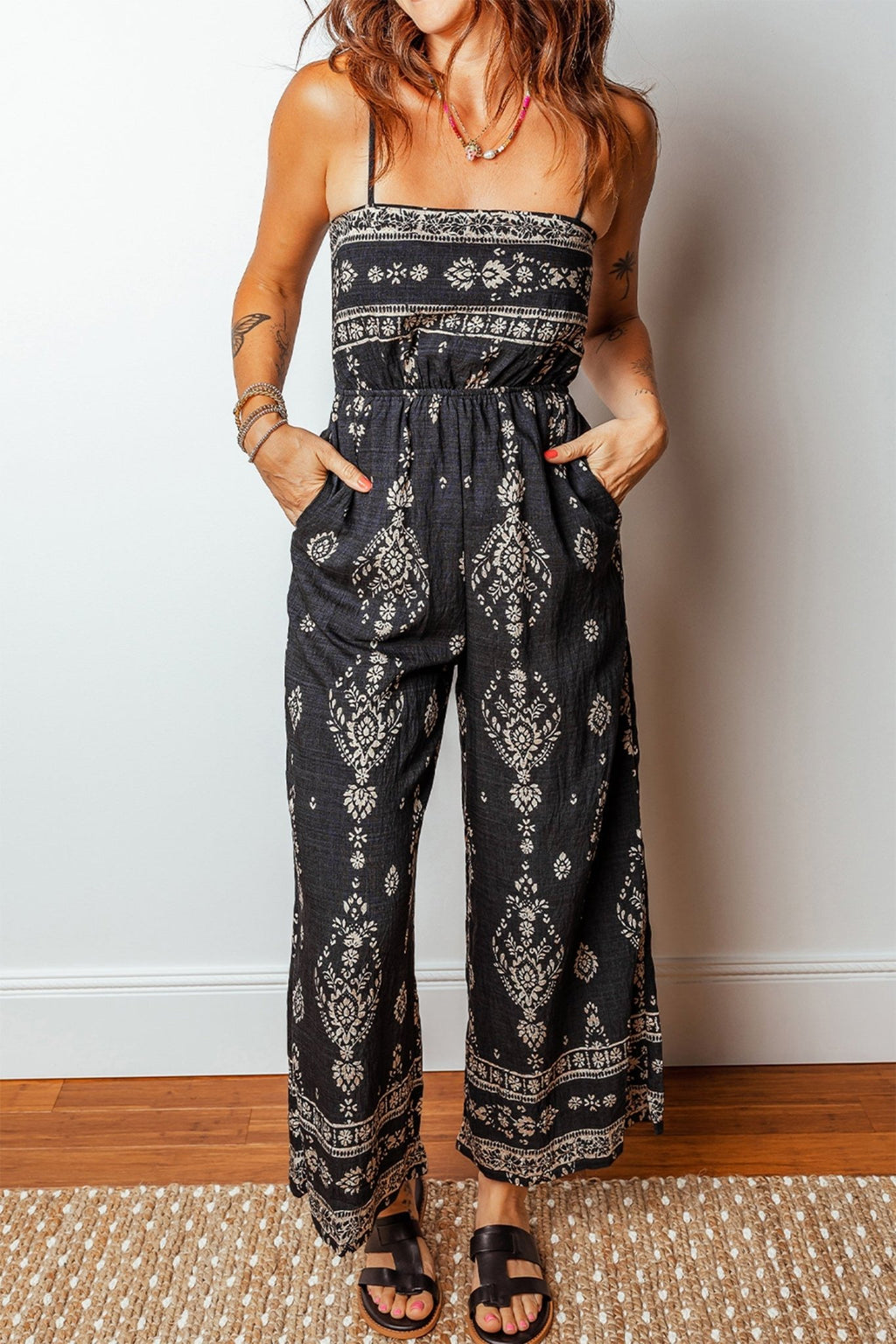 Boho Spaghetti Straps Elastic Waist Jumpsuit - Rooted & Reckless Co.