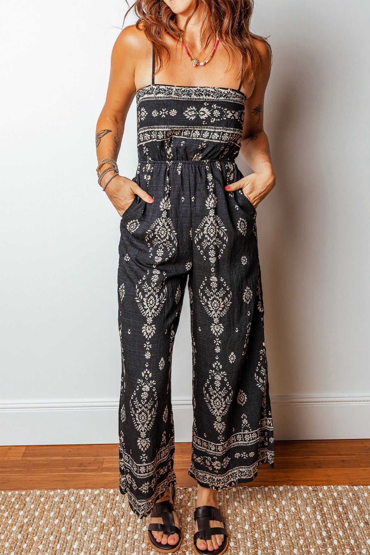 Boho Spaghetti Straps Elastic Waist Jumpsuit - Rooted & Reckless Co.