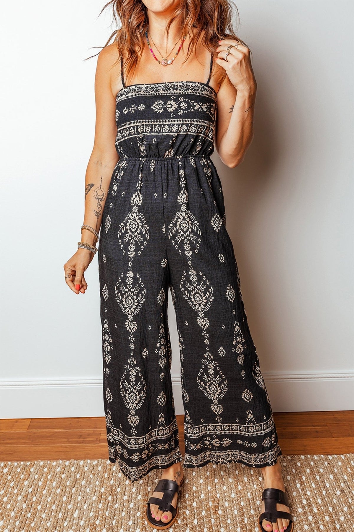Boho Spaghetti Straps Elastic Waist Jumpsuit - Rooted & Reckless Co.
