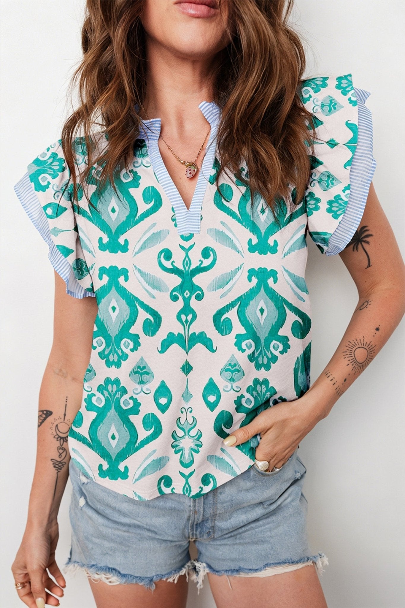 Boho Stripe Trim Flutter Sleeve Top - Rooted & Reckless Co.
