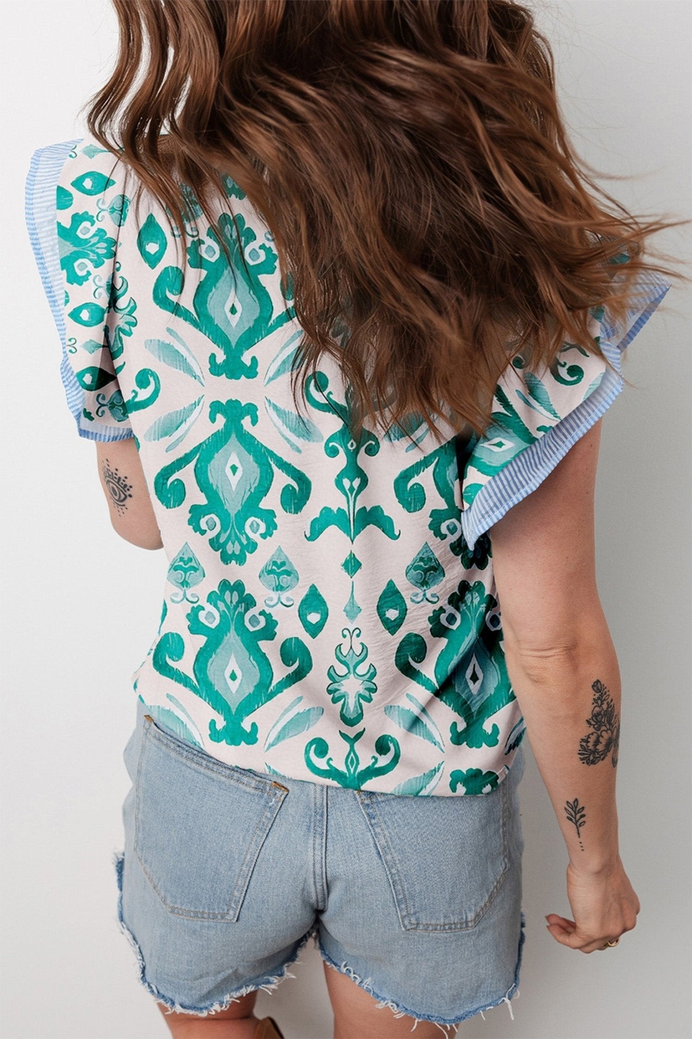 Boho Stripe Trim Flutter Sleeve Top - Rooted & Reckless Co.