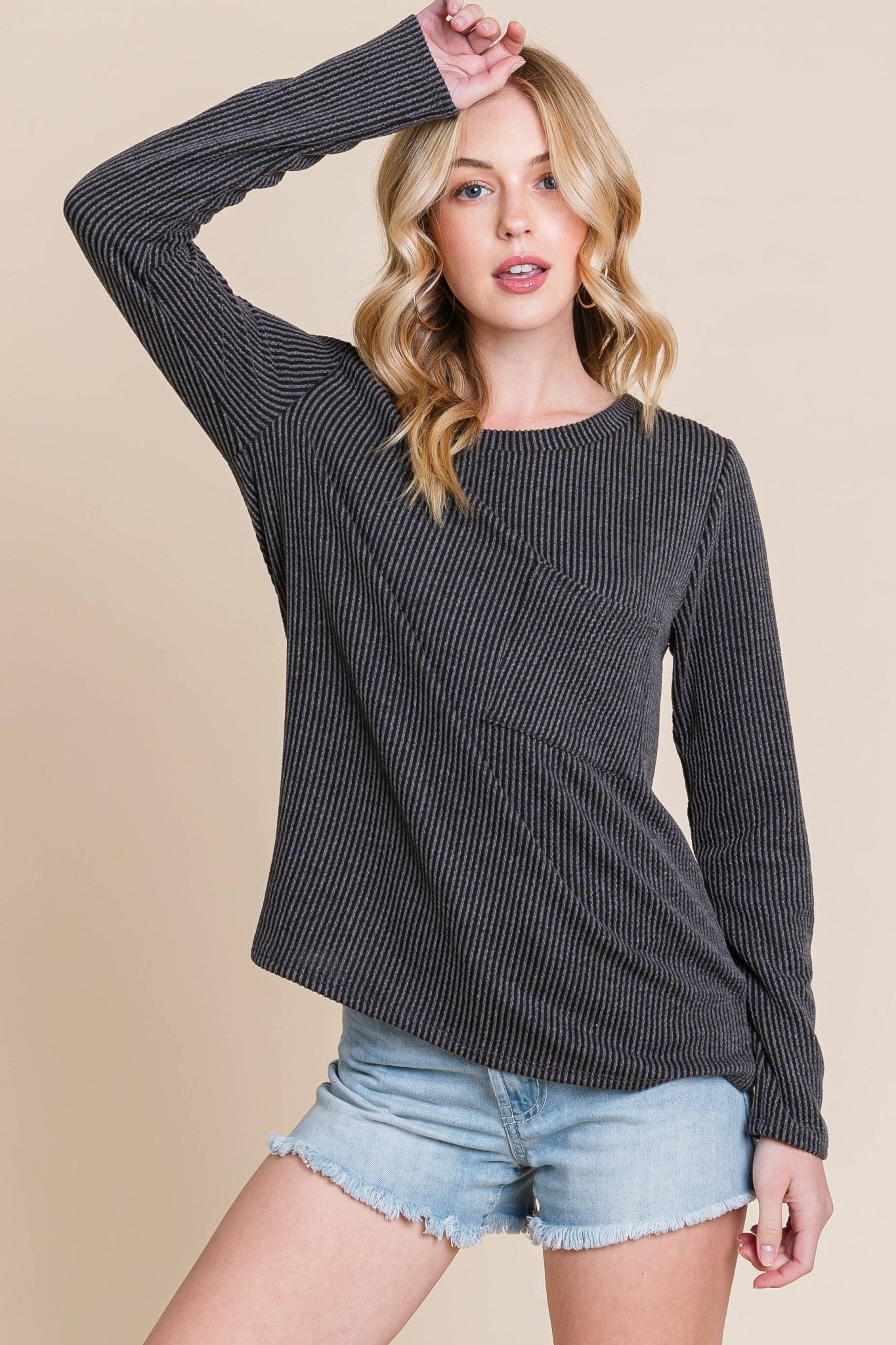 BOMBOM Western Ribbed Top with Pocket — Pumpkin & Fuchsia Cozy Crewneck Made in USA - Rooted & Reckless Co.