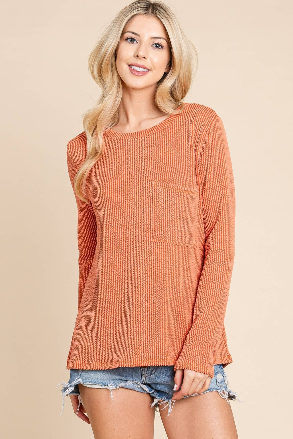 BOMBOM Western Ribbed Top with Pocket — Pumpkin & Fuchsia Cozy Crewneck Made in USA - Rooted & Reckless Co.