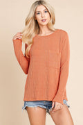 BOMBOM Western Ribbed Top with Pocket — Pumpkin & Fuchsia Cozy Crewneck Made in USA - Rooted & Reckless Co.