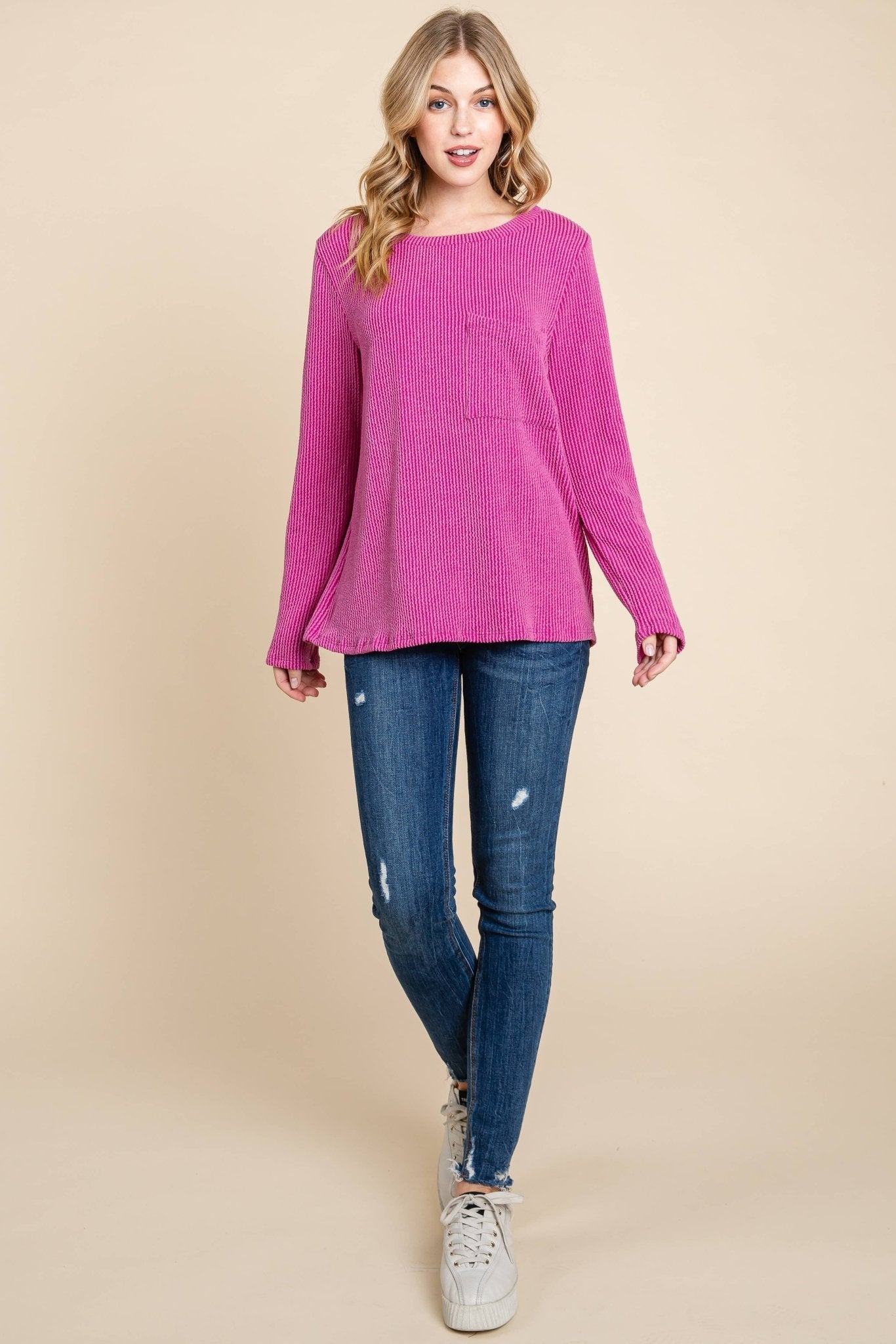 BOMBOM Western Ribbed Top with Pocket — Pumpkin & Fuchsia Cozy Crewneck Made in USA - Rooted & Reckless Co.