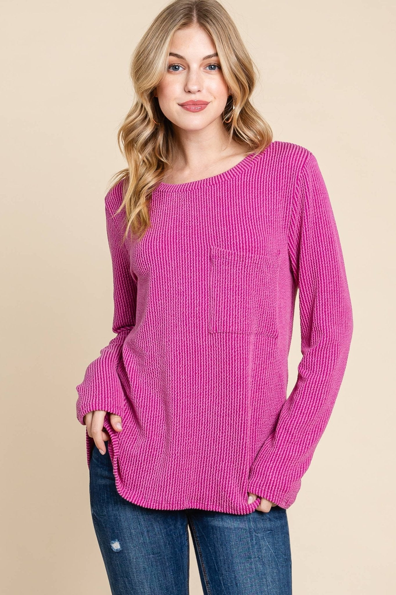 BOMBOM Western Ribbed Top with Pocket — Pumpkin & Fuchsia Cozy Crewneck Made in USA - Rooted & Reckless Co.