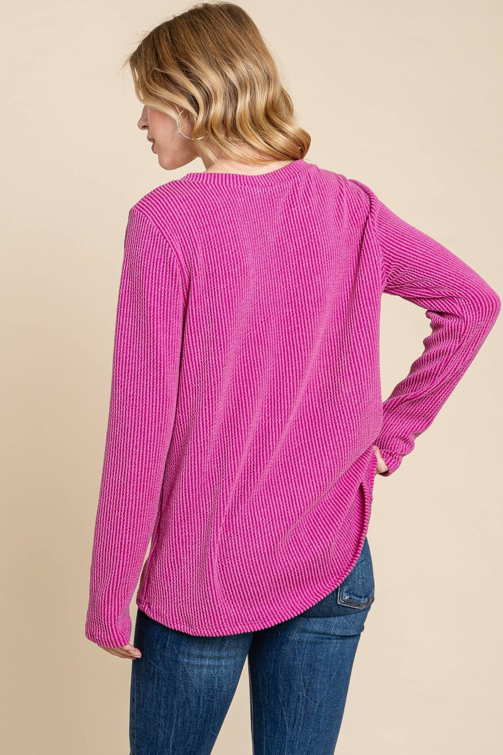 BOMBOM Western Ribbed Top with Pocket — Pumpkin & Fuchsia Cozy Crewneck Made in USA - Rooted & Reckless Co.