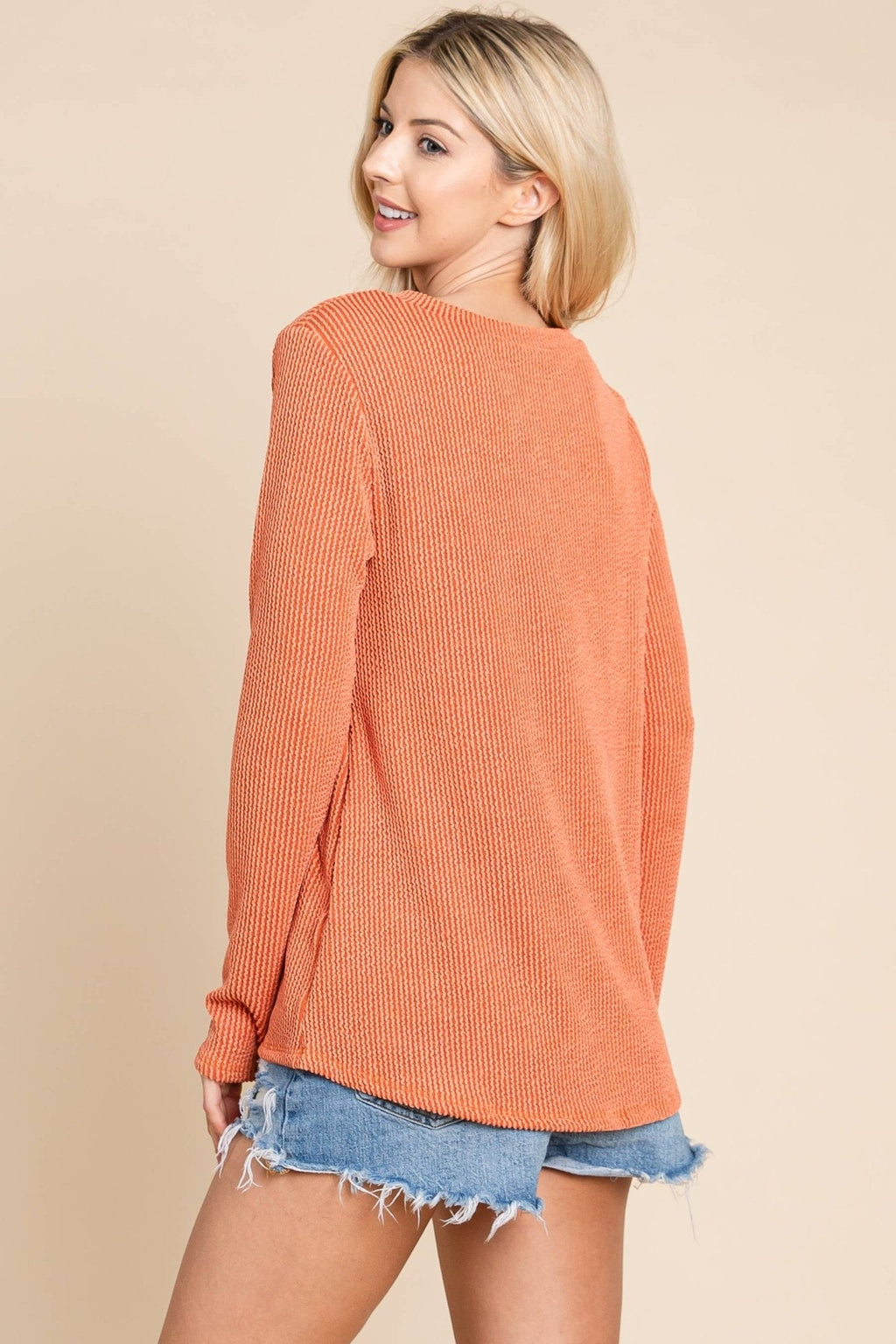 BOMBOM Western Ribbed Top with Pocket — Pumpkin & Fuchsia Cozy Crewneck Made in USA - Rooted & Reckless Co.