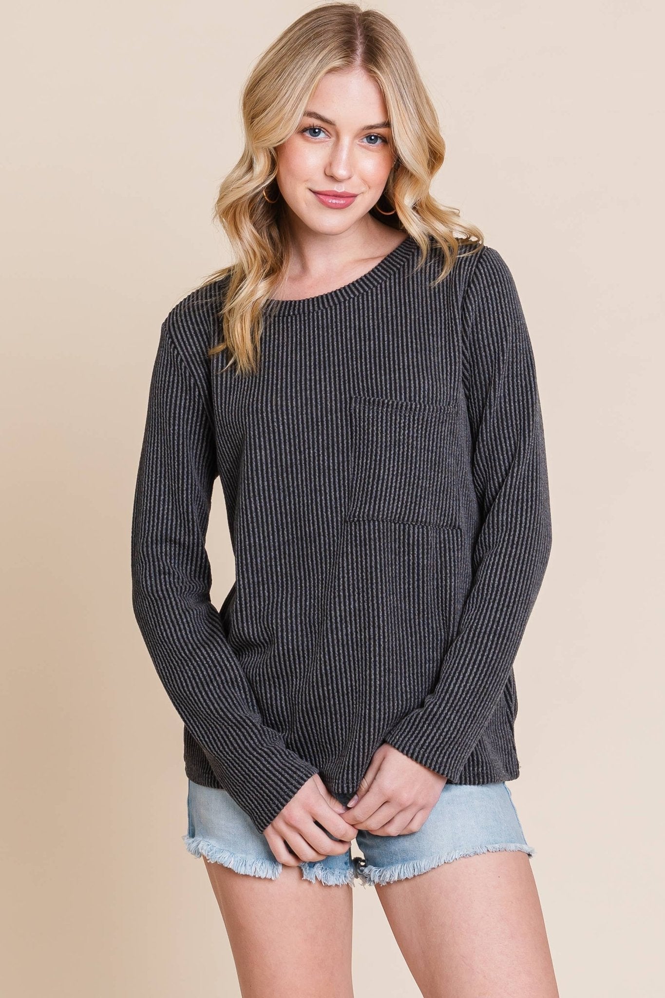 BOMBOM Western Ribbed Top with Pocket — Pumpkin & Fuchsia Cozy Crewneck Made in USA - Rooted & Reckless Co.