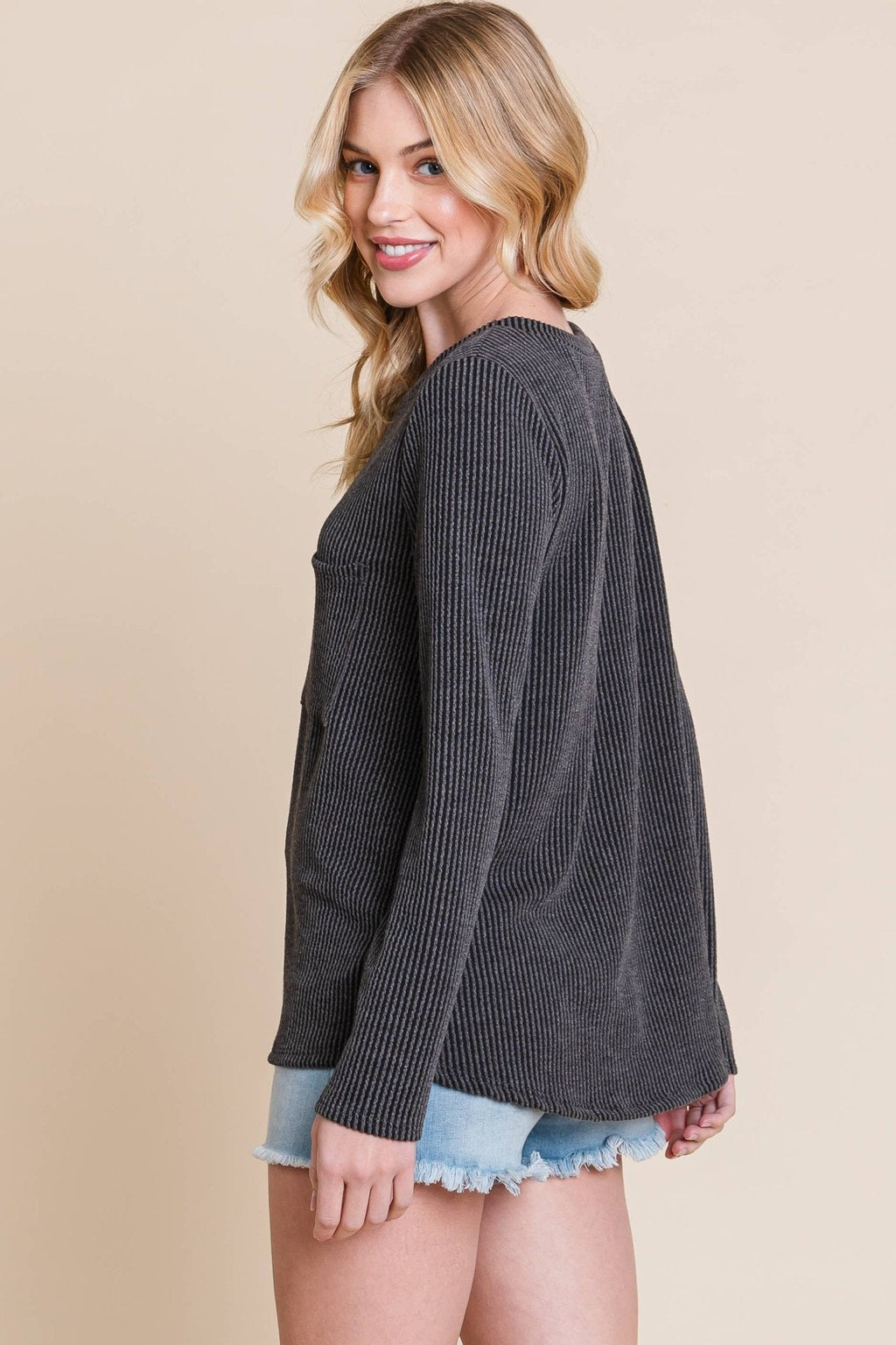 BOMBOM Western Ribbed Top with Pocket — Pumpkin & Fuchsia Cozy Crewneck Made in USA - Rooted & Reckless Co.