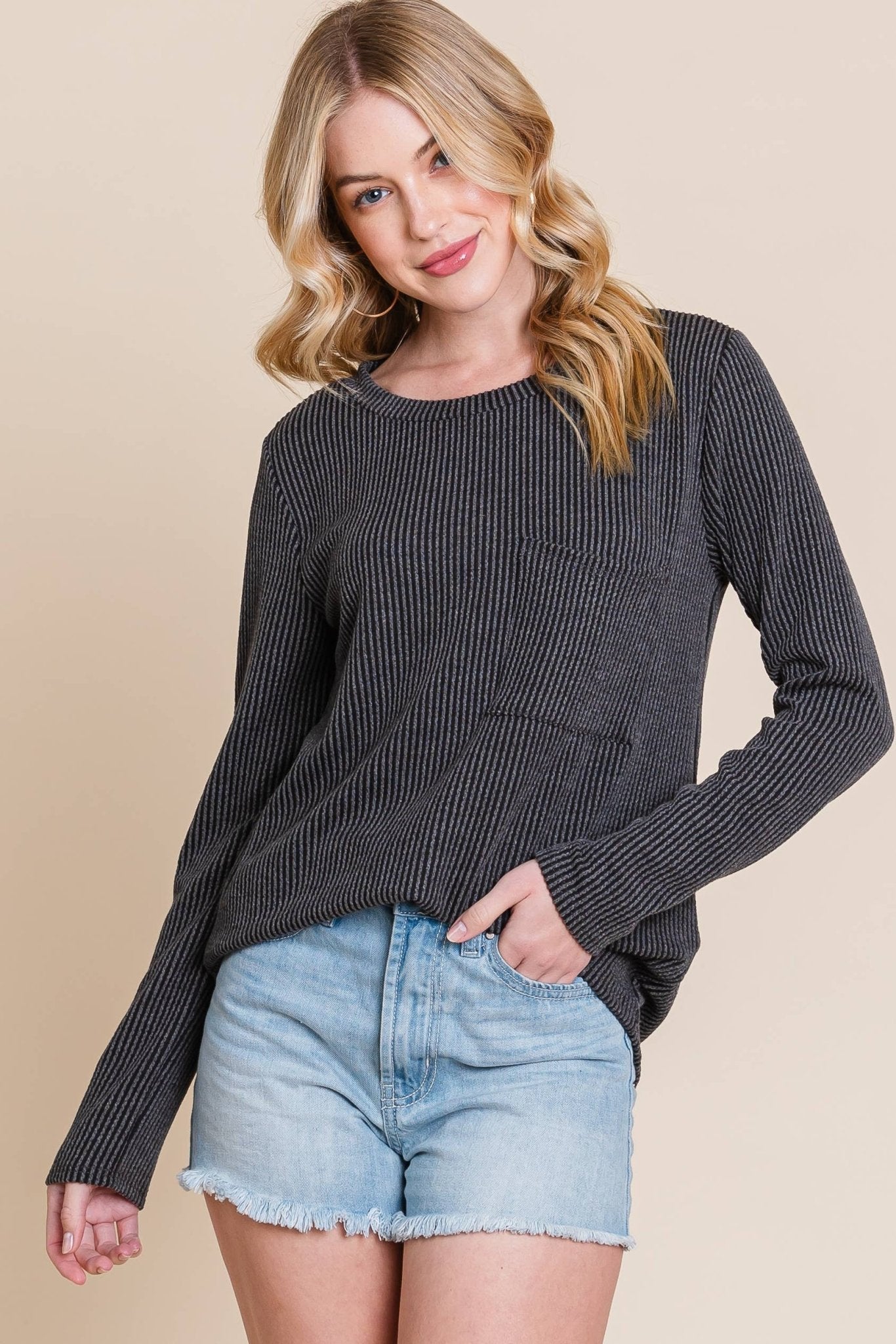 BOMBOM Western Ribbed Top with Pocket — Pumpkin & Fuchsia Cozy Crewneck Made in USA - Rooted & Reckless Co.