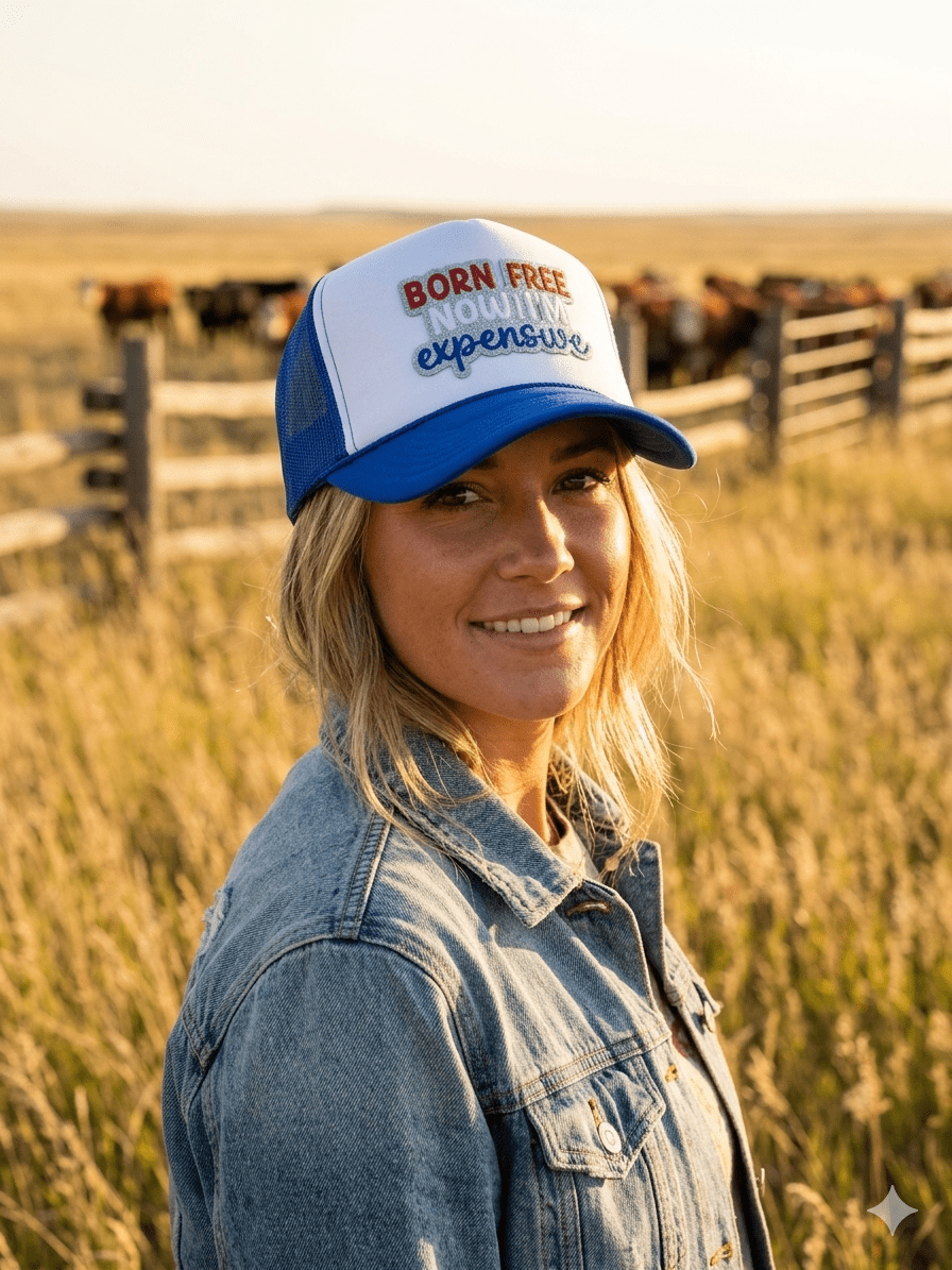 Born Free Now I'm Expensive Patch Trucker Hat - Rooted & Reckless Co.