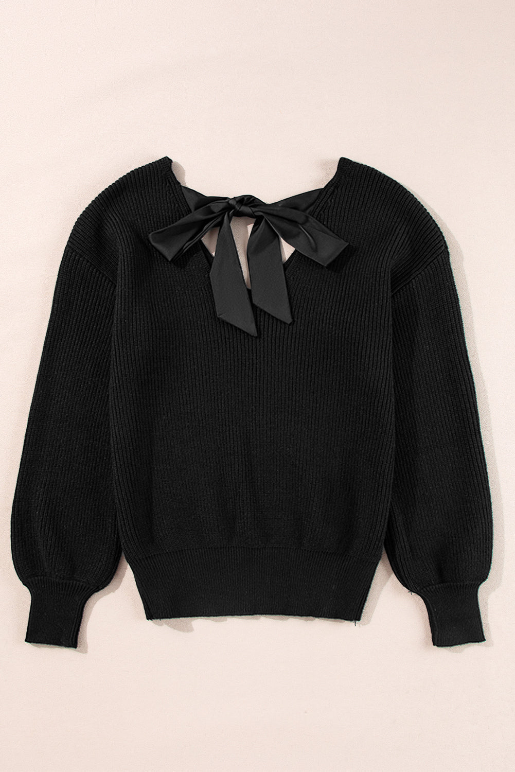 Bow Back Lantern Sleeve V-Neck Sweater - Rooted & Reckless Co.