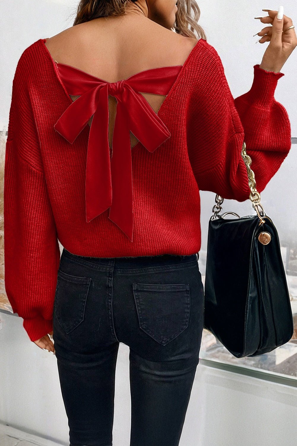 Bow Back Lantern Sleeve V-Neck Sweater - Rooted & Reckless Co.
