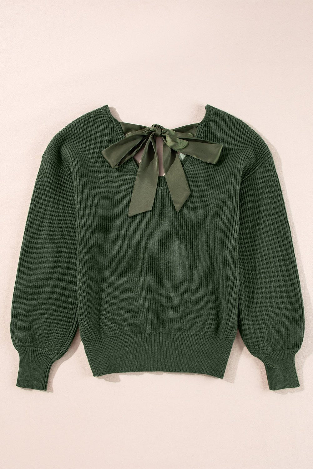 Bow Back Lantern Sleeve V-Neck Sweater - Rooted & Reckless Co.