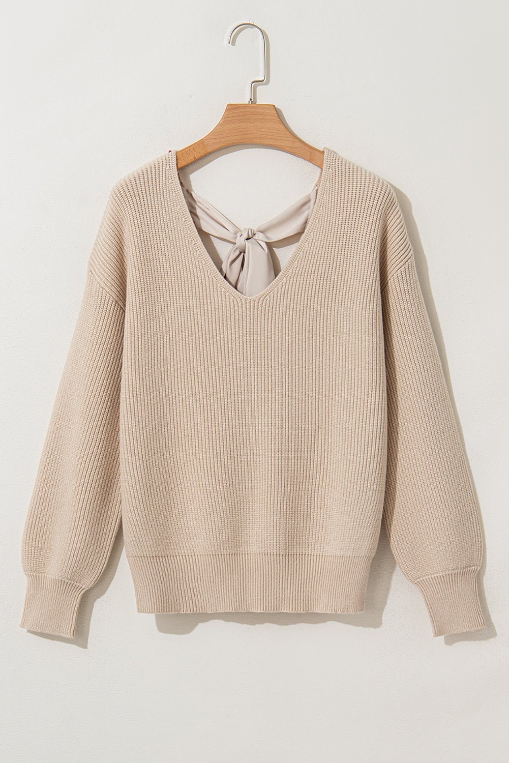 Bow Back Lantern Sleeve V-Neck Sweater - Rooted & Reckless Co.