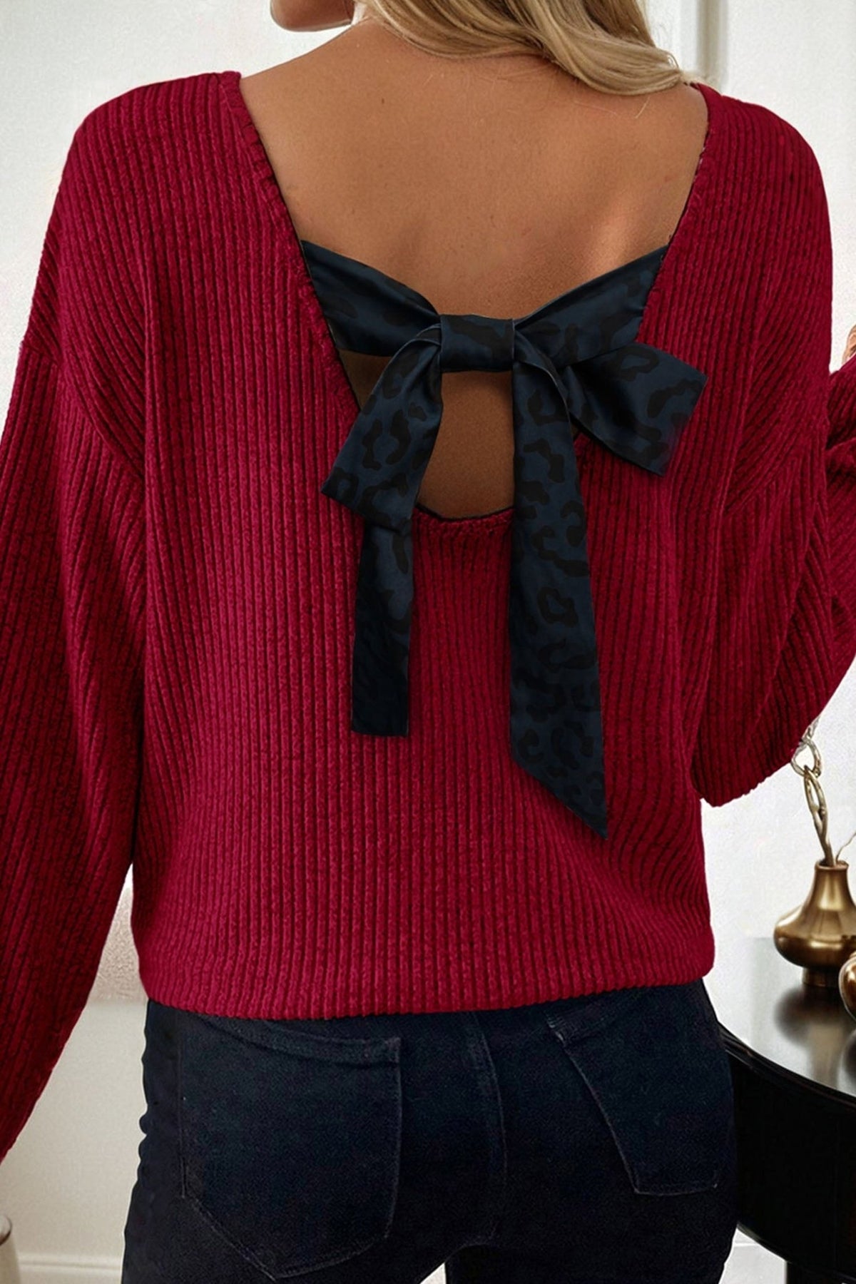 Bow Back Ribbed Knit V-Neck Drop Shoulder Top - Rooted & Reckless Co.