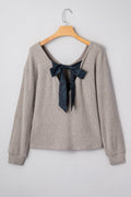 Bow Back Ribbed Knit V-Neck Drop Shoulder Top - Rooted & Reckless Co.