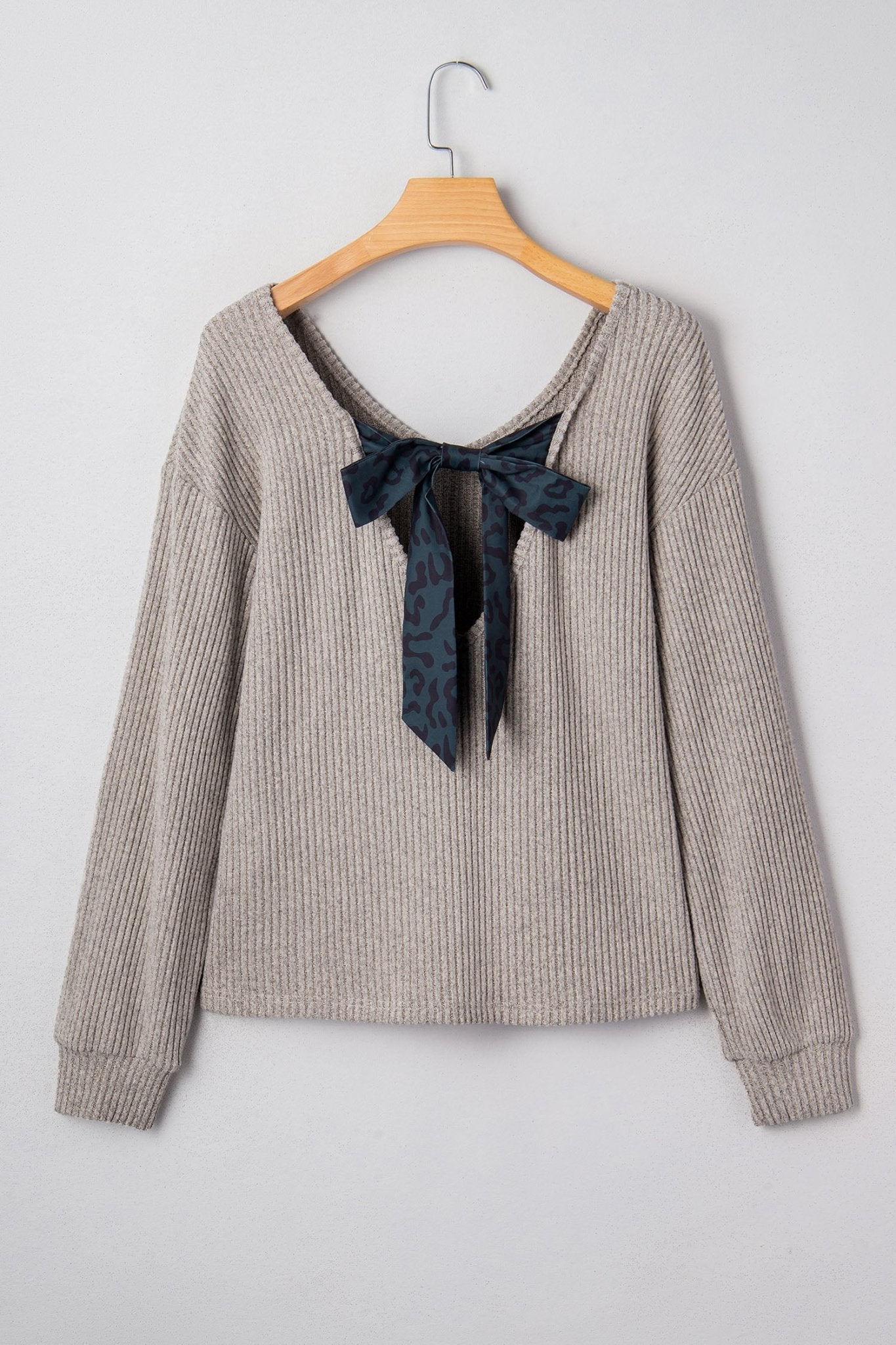 Bow Back Ribbed Knit V-Neck Drop Shoulder Top - Rooted & Reckless Co.