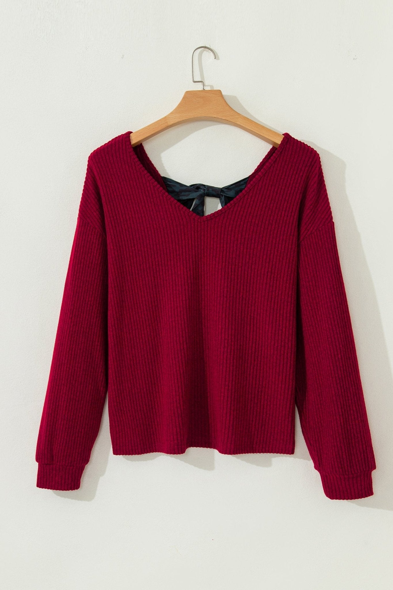Bow Back Ribbed Knit V-Neck Drop Shoulder Top - Rooted & Reckless Co.