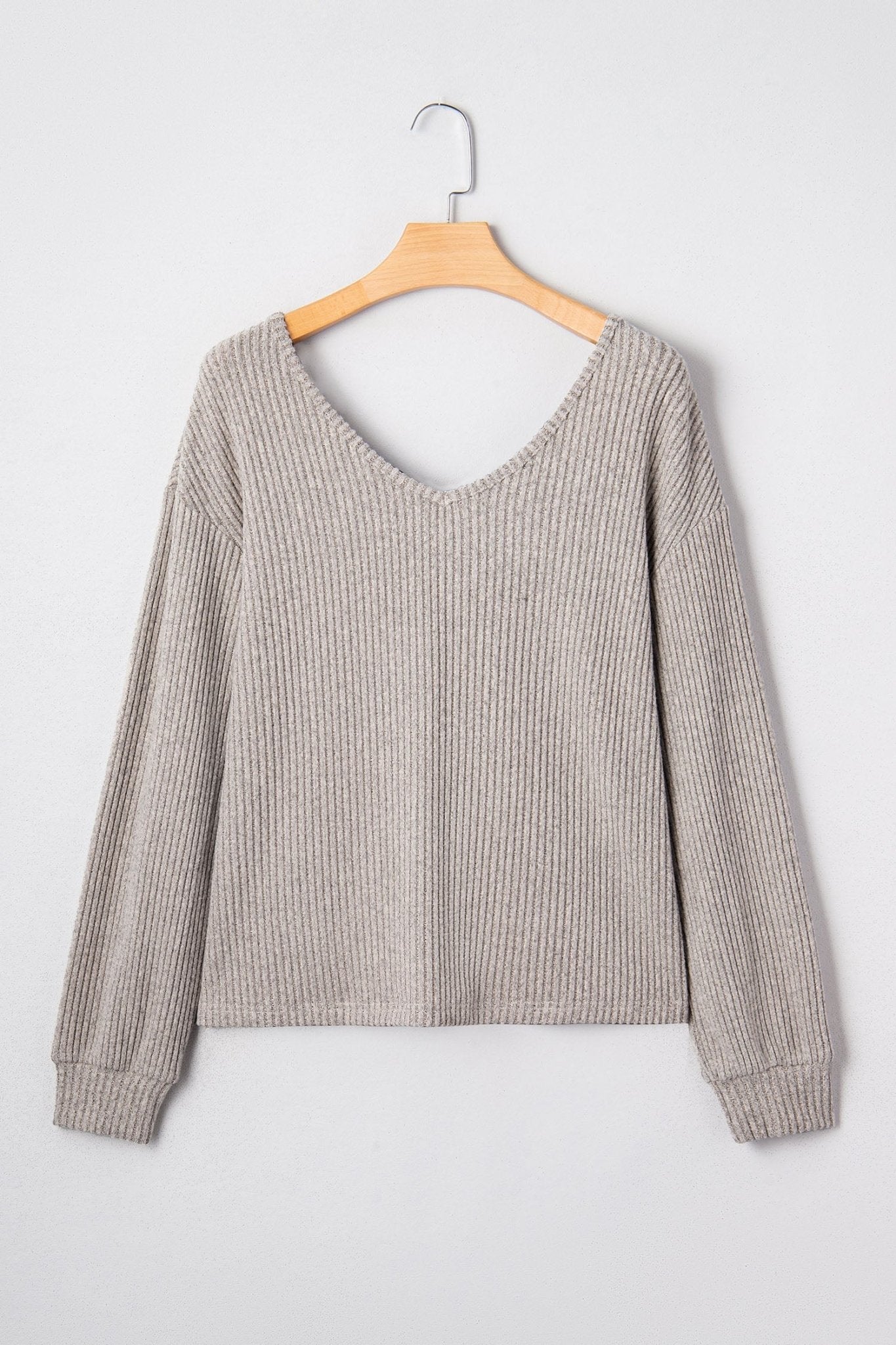 Bow Back Ribbed Knit V-Neck Drop Shoulder Top - Rooted & Reckless Co.