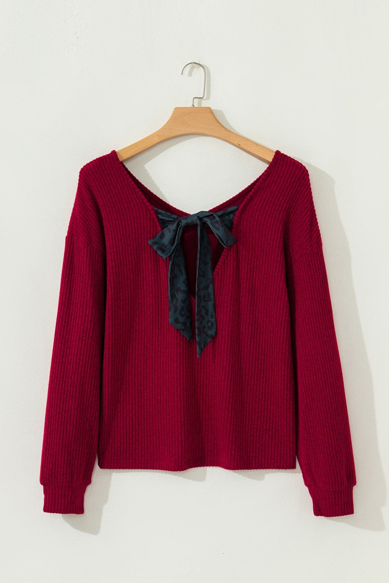 Bow Back Ribbed Knit V-Neck Drop Shoulder Top - Rooted & Reckless Co.