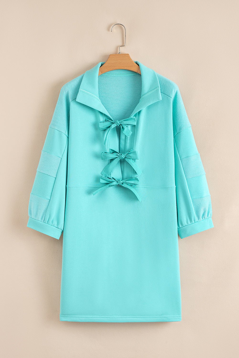 Bow Collared 3/4 Sleeve Side Pocket Mini Dress - Rooted & Reckless Co.