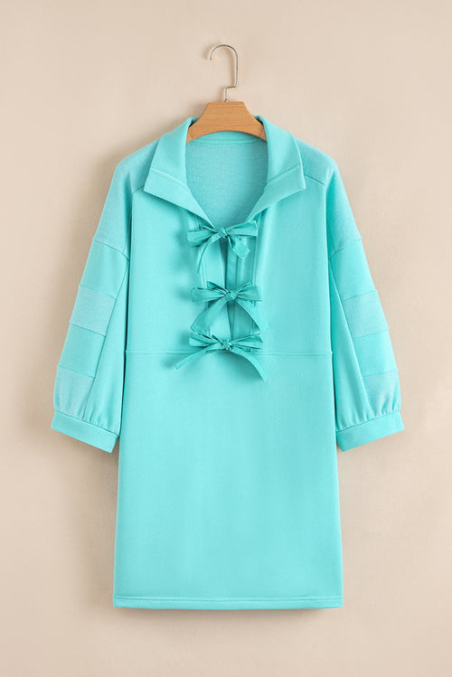 Bow Collared 3/4 Sleeve Side Pocket Mini Dress - Rooted & Reckless Co.