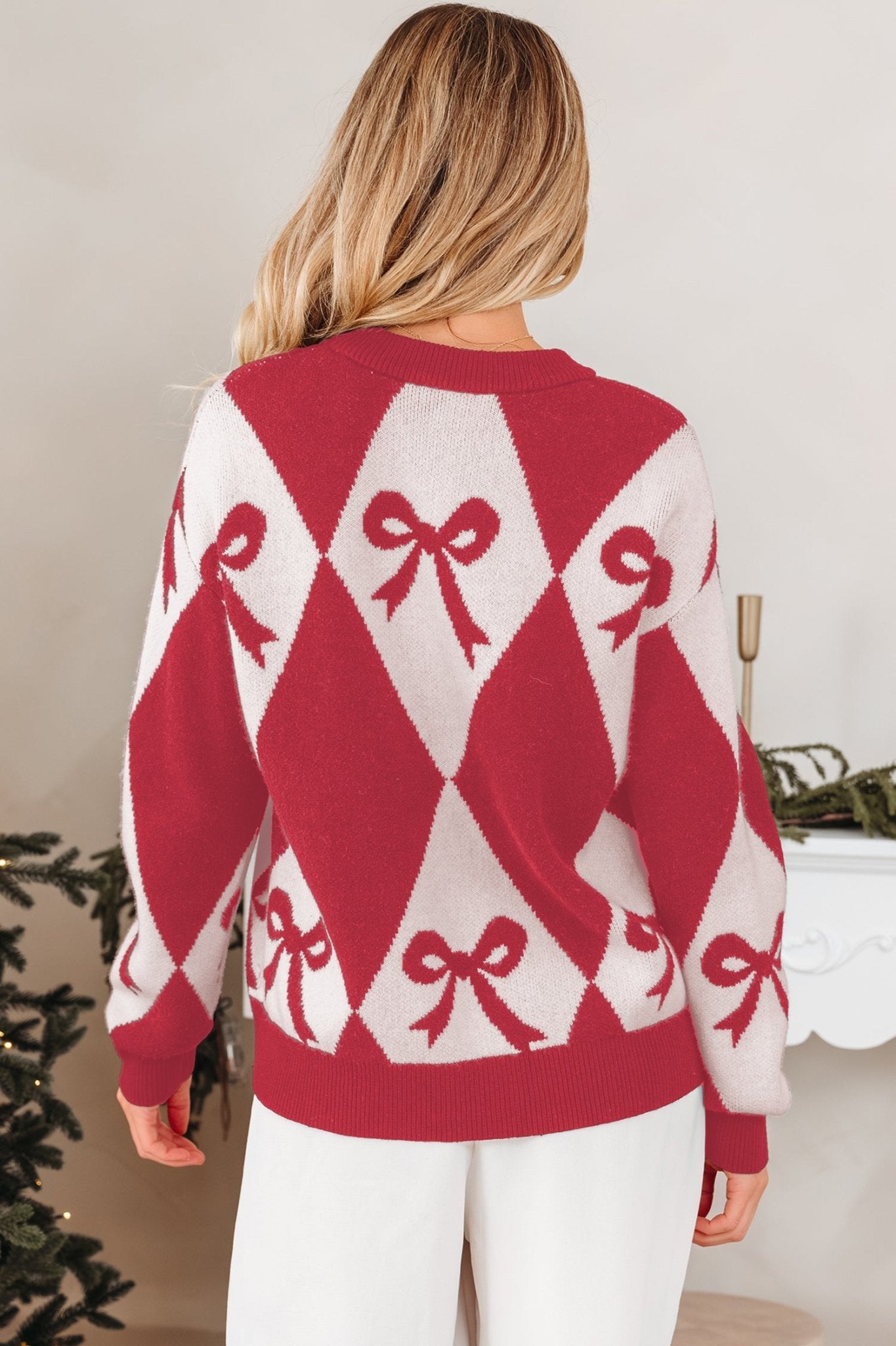 Bow Colorblock Rhombus Drop Shoulder Sweater - Rooted & Reckless Co.