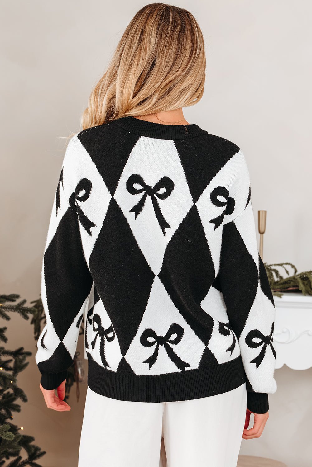 Bow Colorblock Rhombus Drop Shoulder Sweater - Rooted & Reckless Co.