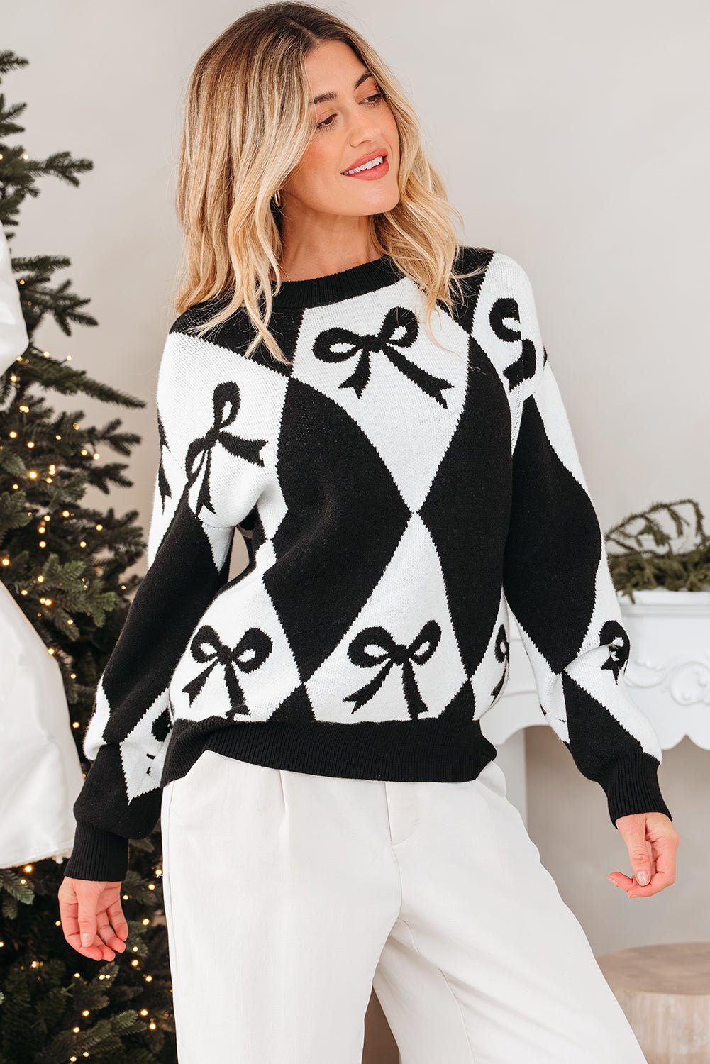 Bow Colorblock Rhombus Drop Shoulder Sweater - Rooted & Reckless Co.