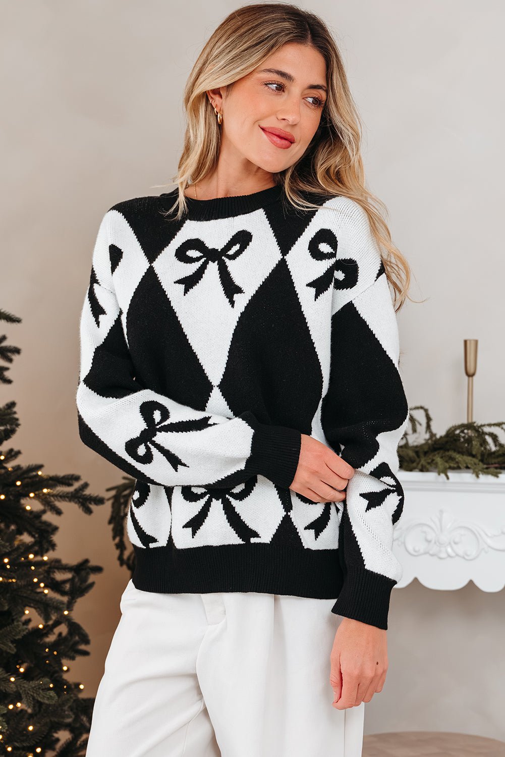 Bow Colorblock Rhombus Drop Shoulder Sweater - Rooted & Reckless Co.