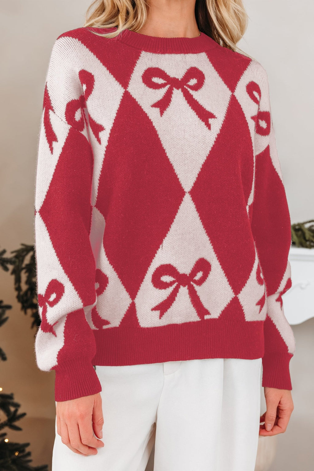 Bow Colorblock Rhombus Drop Shoulder Sweater - Rooted & Reckless Co.