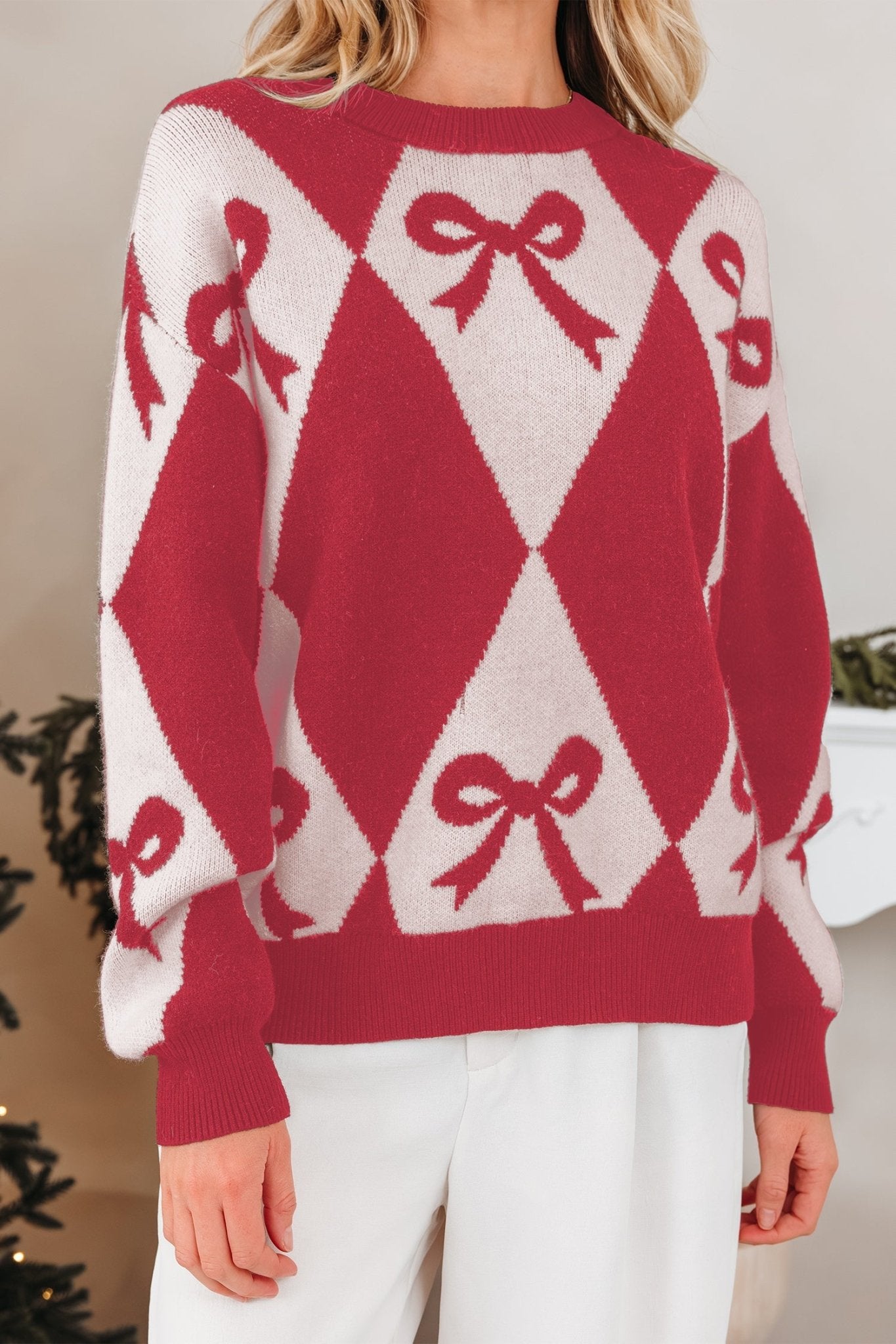Bow Colorblock Rhombus Drop Shoulder Sweater - Rooted & Reckless Co.