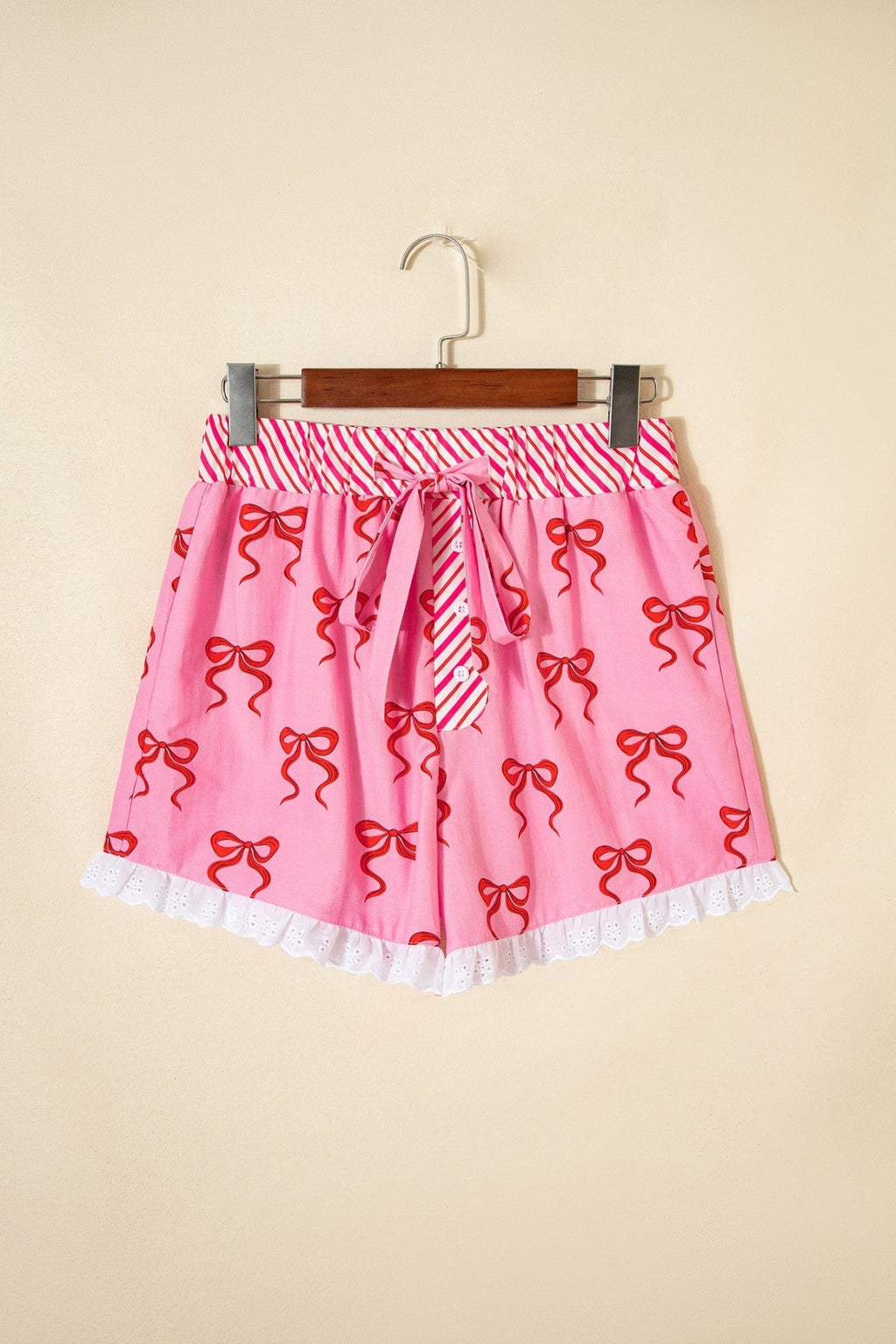 Bow Stripe Patchwork Elastic Waist Lace Trim Shorts - Rooted & Reckless Co.