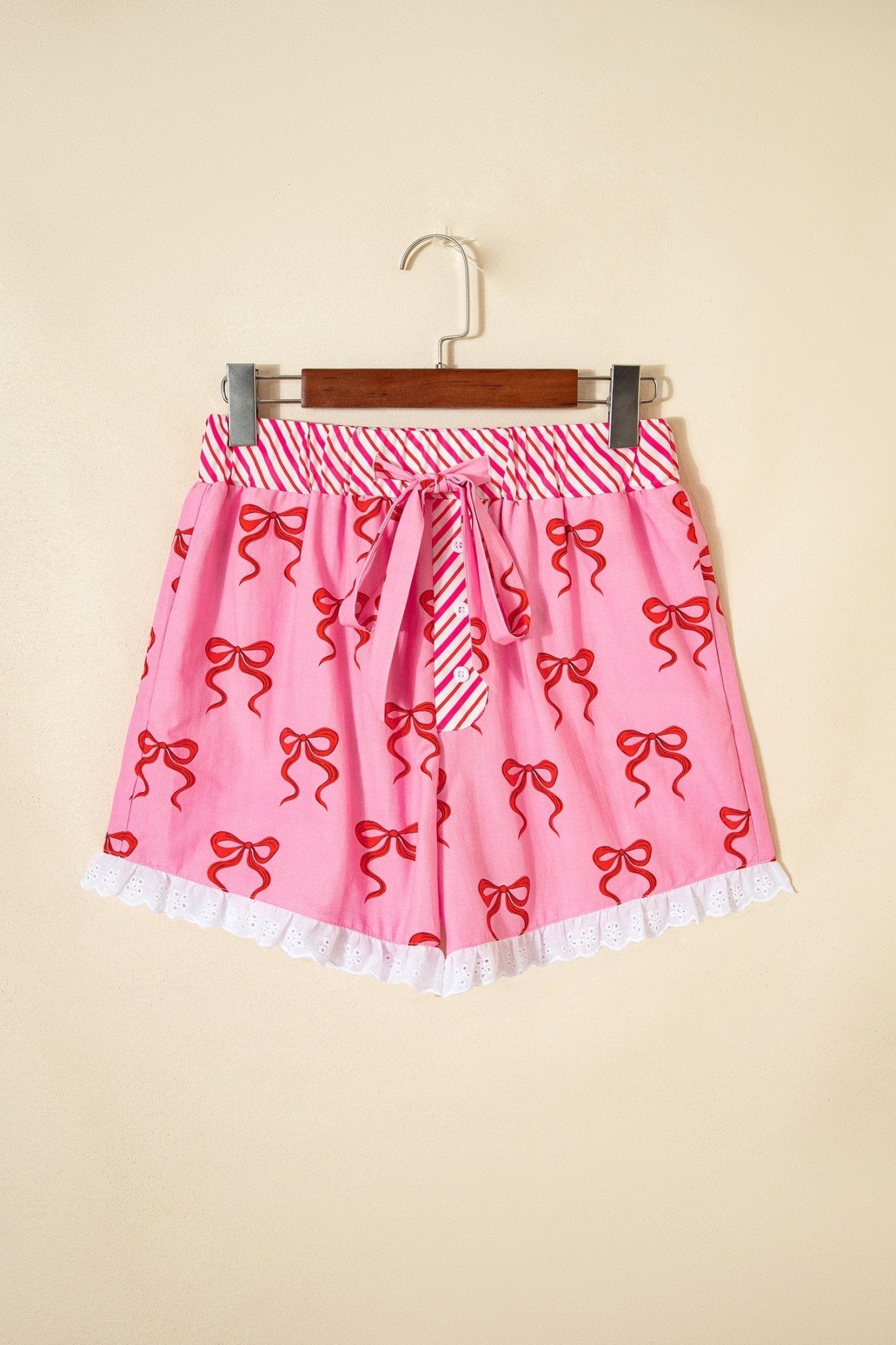 Bow Stripe Patchwork Elastic Waist Lace Trim Shorts - Rooted & Reckless Co.