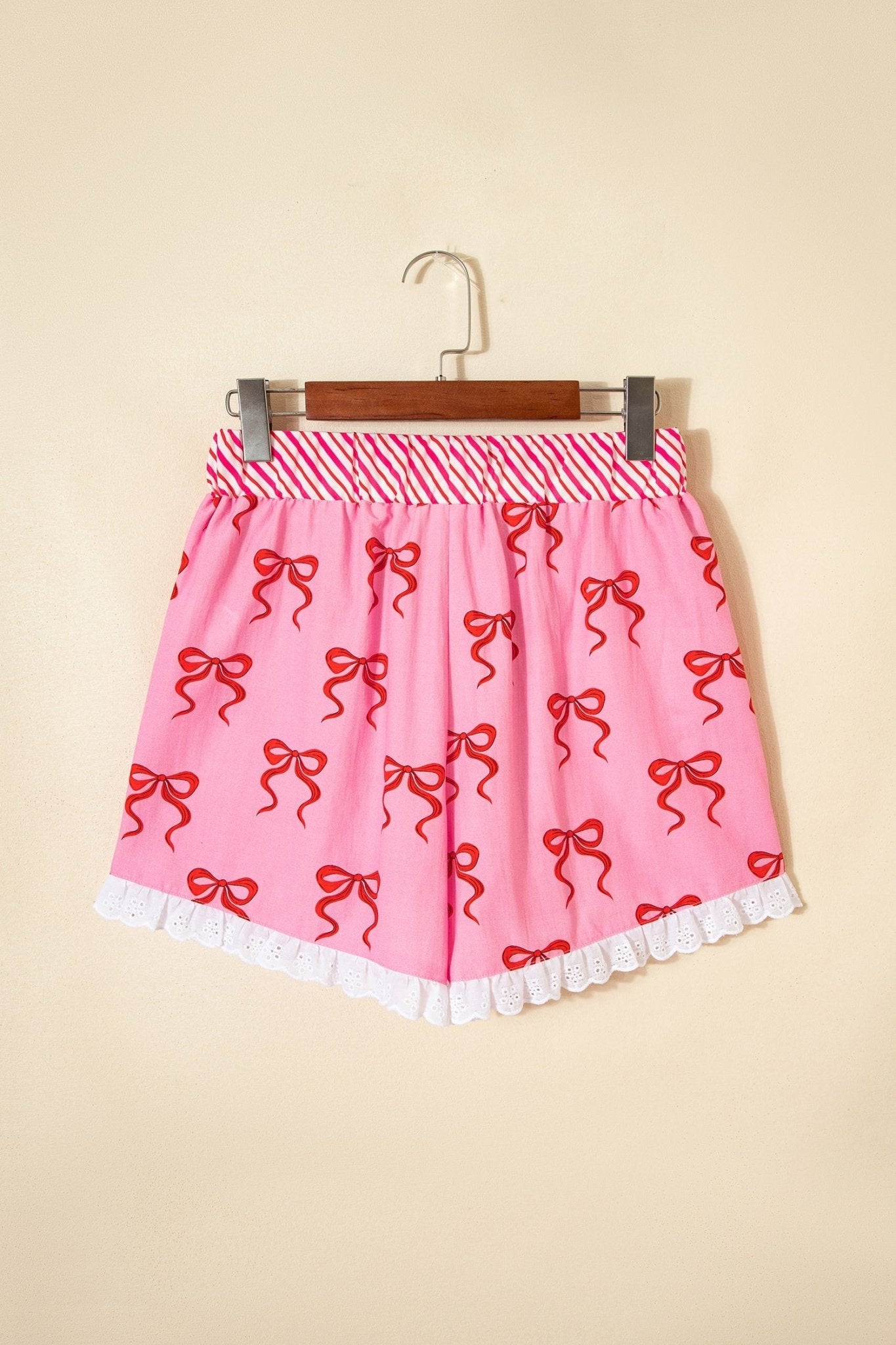 Bow Stripe Patchwork Elastic Waist Lace Trim Shorts - Rooted & Reckless Co.