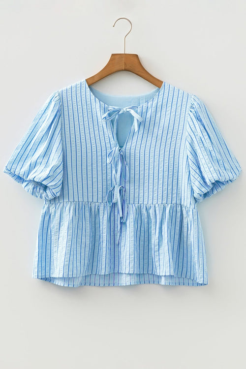 Bow Textured Puff Sleeve Babydoll Blouse - Rooted & Reckless Co.