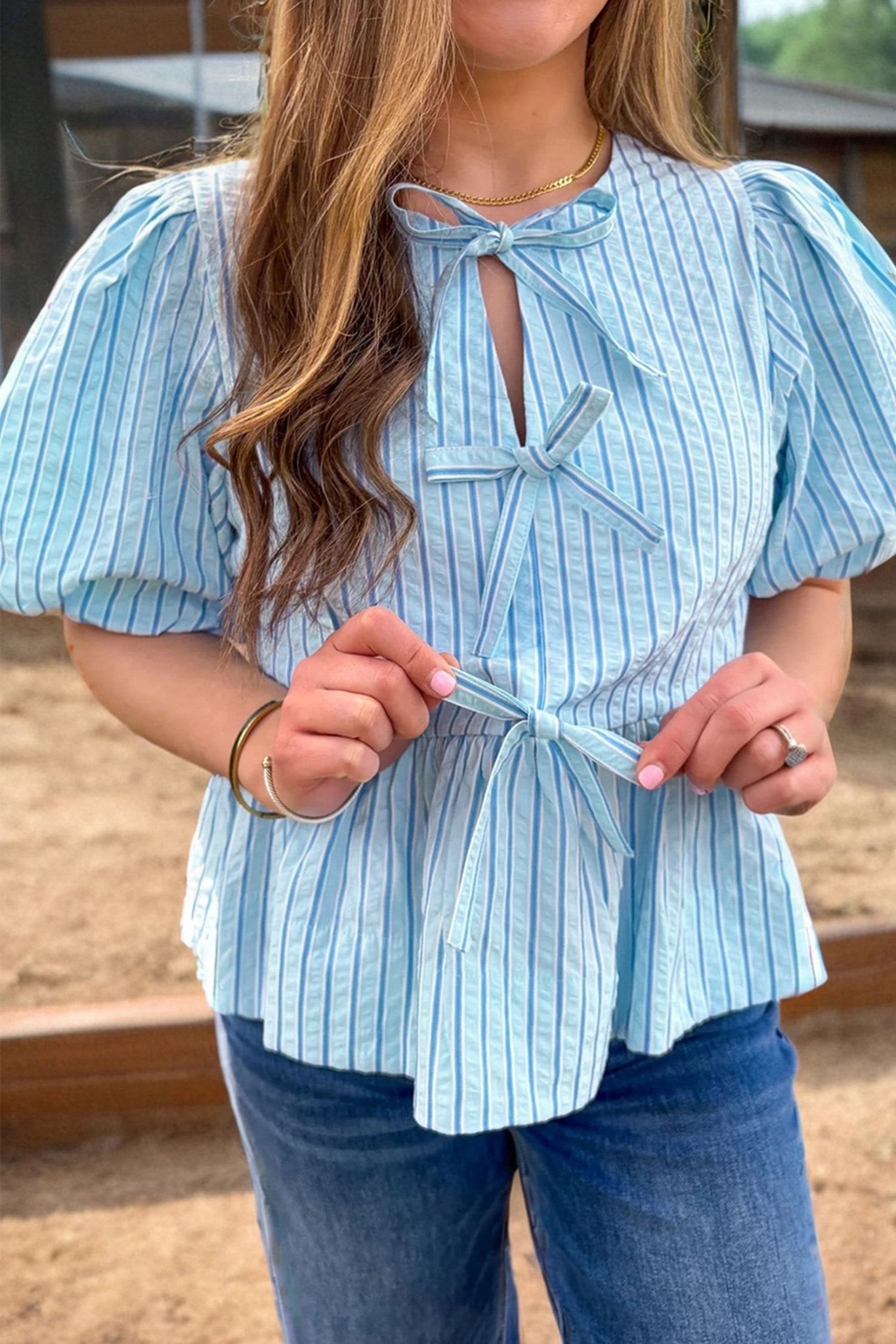 Bow Textured Puff Sleeve Babydoll Blouse - Rooted & Reckless Co.