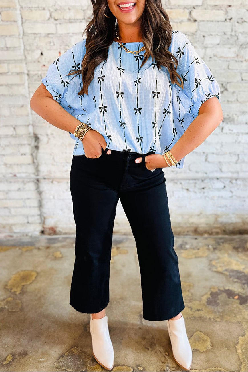 Bow Textured Short Puff Sleeve Top - Rooted & Reckless Co.