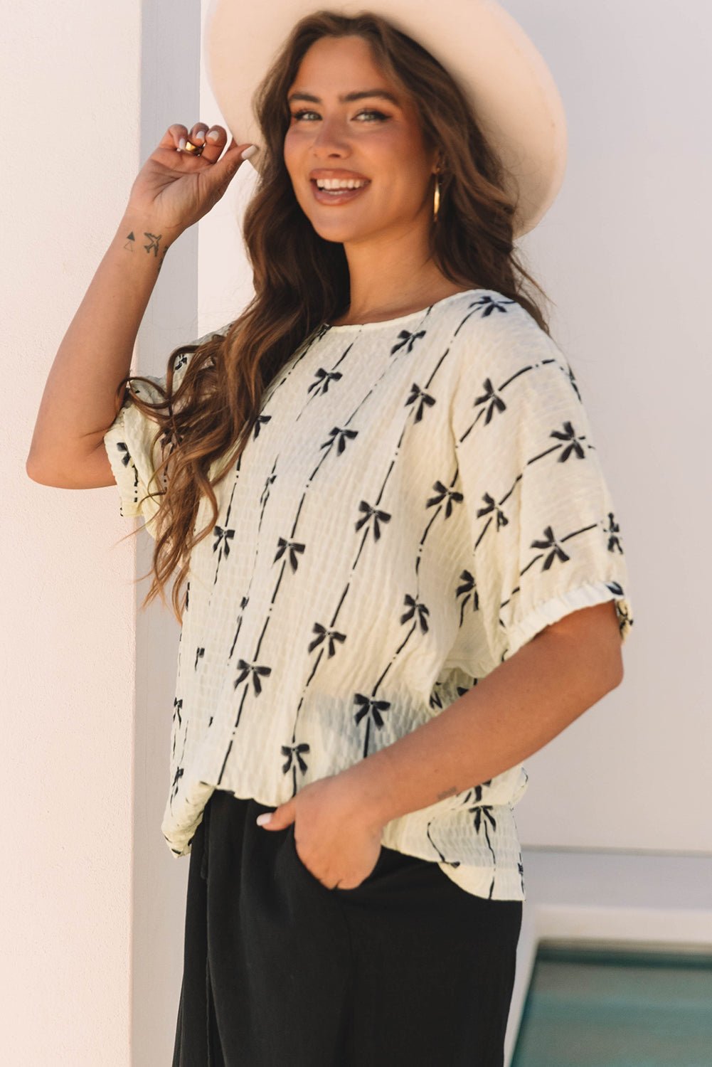 Bow Textured Short Puff Sleeve Top - Rooted & Reckless Co.