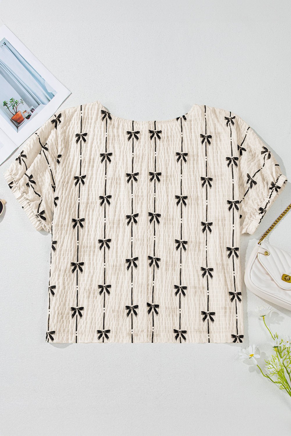 Bow Textured Short Puff Sleeve Top - Rooted & Reckless Co.