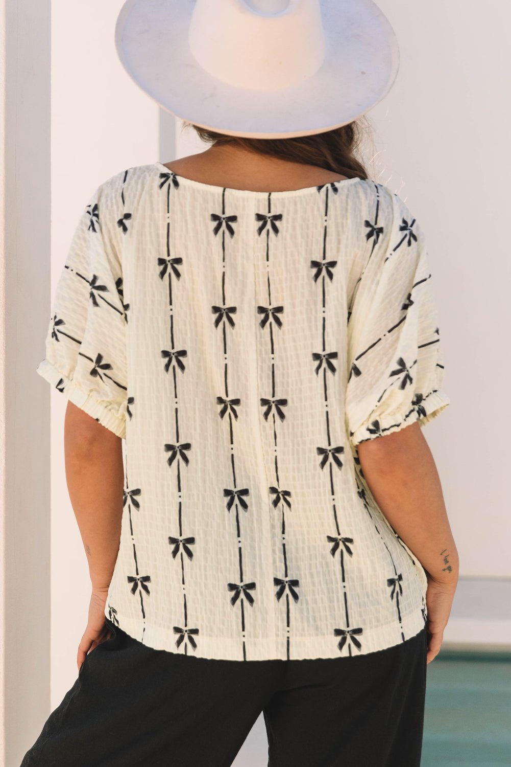 Bow Textured Short Puff Sleeve Top - Rooted & Reckless Co.