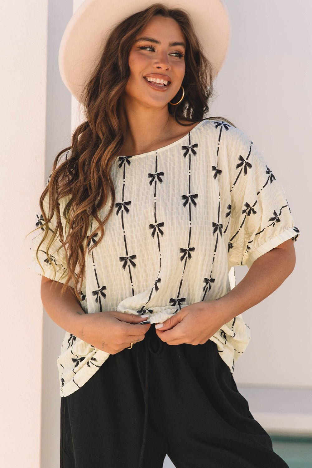 Bow Textured Short Puff Sleeve Top - Rooted & Reckless Co.
