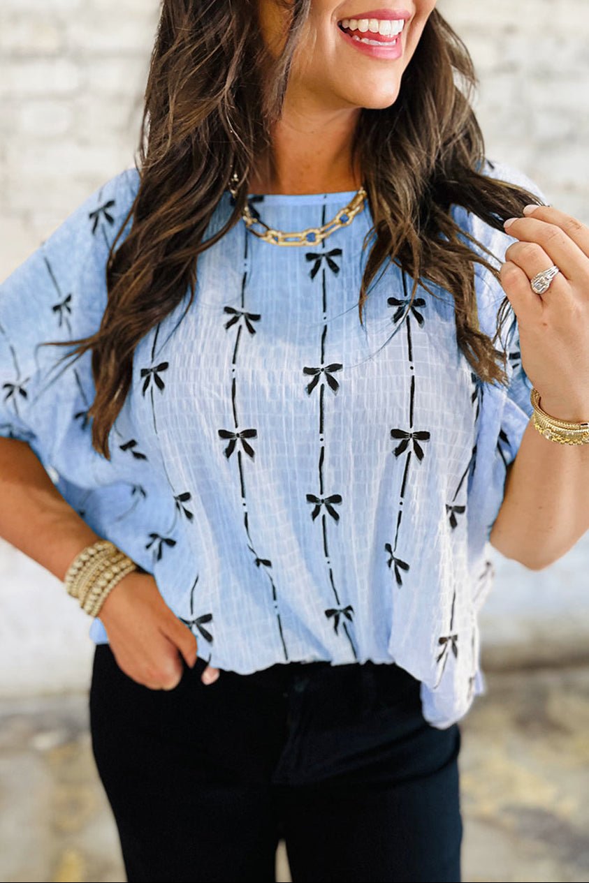 Bow Textured Short Puff Sleeve Top - Rooted & Reckless Co.